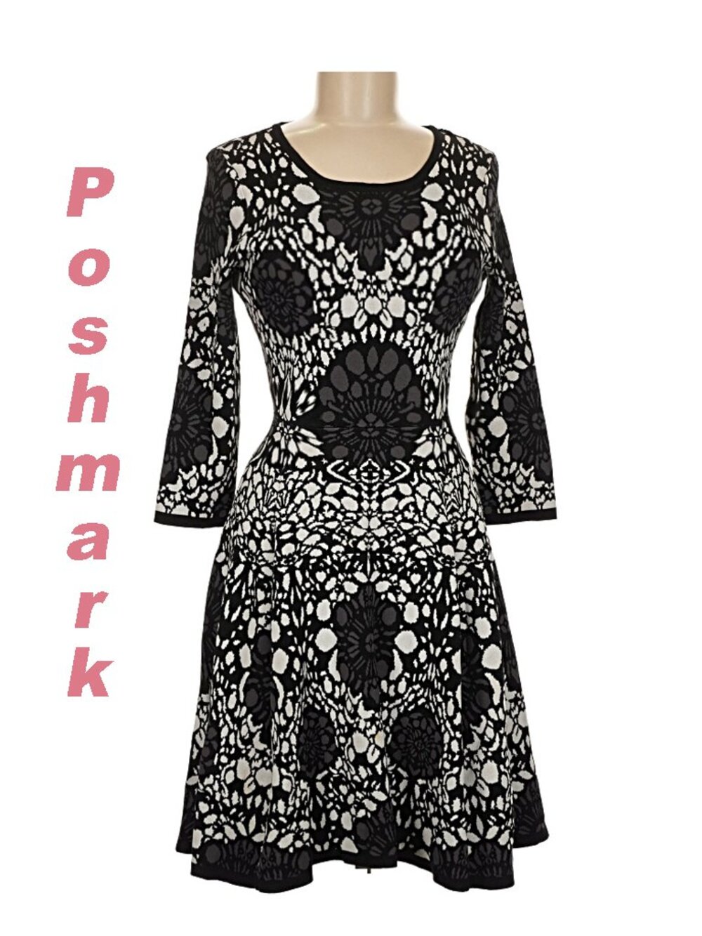 Catherine Malandrino Dress Izzy Jacquard Floral Medallion Black White Knit MED